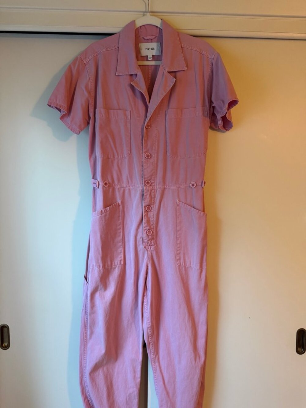 Pistola Pink Short Sleeve Utility Jumpsuit Button Front Size Large